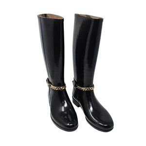 Burberry Rainboot Ebersole Knee-High Buckled Boot with Gold Chain and Buckle